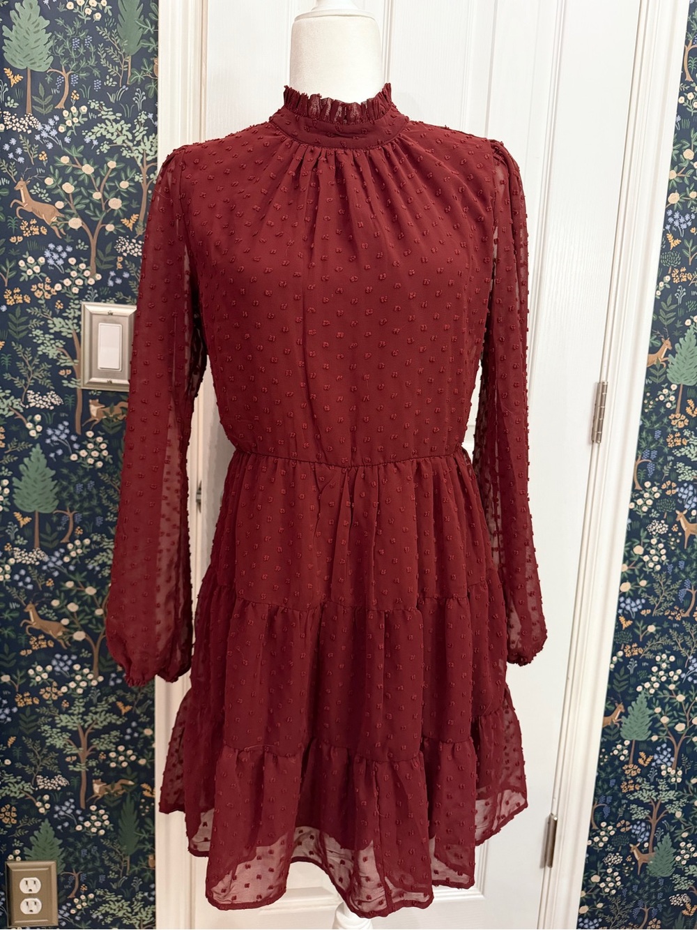 Altar'd State Wine Red Swiss Dot Long Sleeve Tiered Dress